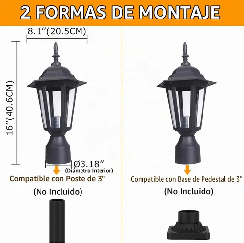 Vista 3 de LIT-PaTH Luz de poste al aire libre, lámpara de poste de aluminio Acabado negro