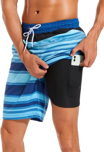 Vista 7 de Difficort - Traje de baño para hombre con forro de compresión, pantalones cortos de secado rápido con bolsillos con cremallera 1-a/ Rayas negras