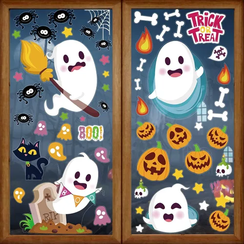 Vista 2 de LOKIPA Adhesivos para ventana de Halloween, 8 hojas de calcomanías de Halloween para ventana de vidrio