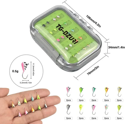 Vista 4 de Kit de Jigs de Pesca en Hielo de Tungsteno, 3.2/4/5mm Gota Lágrima que Brillan en la Oscuridad Señuelos Jigs de Pesca en Hielo con Caja de Jigs