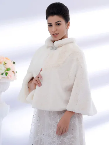 Vista 4 de Aukmla Capa de piel sintética de novia para boda con estola de piel de novia y chales de invierno para mujeres y niñas