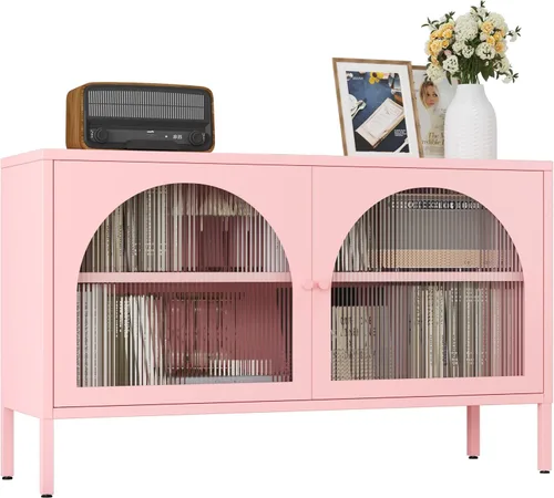 Vista 7 de Gabinete de almacenamiento de metal, soporte de TV de 2 puertas, armario decorativo con puertas y estante ajustable, armario de metal, mesita