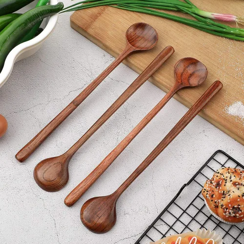 Vista 5 de Patelai 6 cucharas de madera de 11 pulgadas, cucharas de madera de mango largo, cuchara de sopa de estilo coreano japonés para cocinar, comer