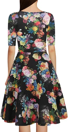 Vista 2 de oxiuly OX233 - Vestido informal, cruzado, con cuello en V, estampado floral, acampanado, por debajo de la rodilla y de verano para mujer