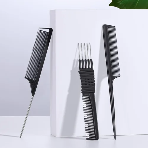 Vista 6 de TsMADDTs Peines de cola de rata para mujeres y hombres, juego de 3 peines para trenzar, separar, peinar, dientes finos, color negro