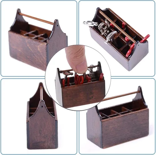 Vista 3 de eecoo - Caja de herramientas para casa de muñecas, caja de herramientas en miniatura de madera, modelo para casa de muñecas 1/12, accesorios con 8