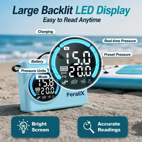 Vista 5 de Bomba eléctrica para tabla de remo, compresor de aire SUP recargable de 20 PSI con apagado automático, inflado y desinflado de doble etapa