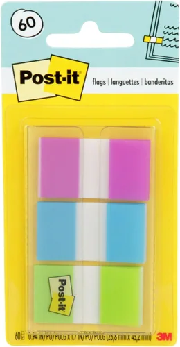 Vista 6 de Post-it Banderas, 0.94 pulgadas x 1.7 pulgadas, un dispensador con 20 pestañas adhesivas en morado, azul y verde (60 banderas en total), marcadores