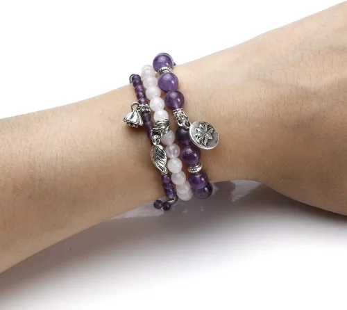 Vista 4 de Jovivi - 3 pulseras de cuentas de cristal de cuarzo rosa amatista para chakras, energía natural de curación, cuentas de loto, piedra reiki