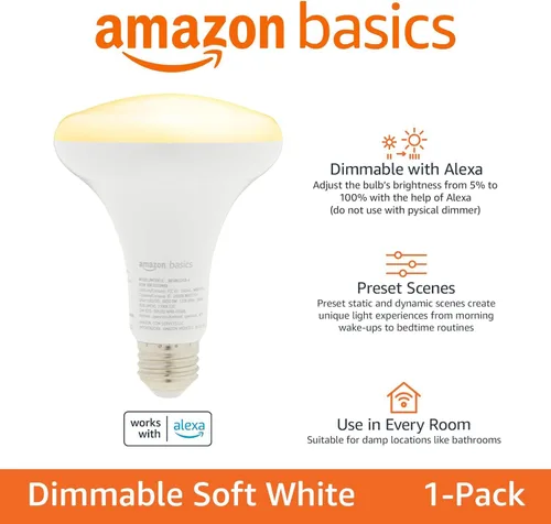 Vista 2 de Bombilla LED inteligente BR30, Amazon Basics, blanco suave regulable (2700K), 9W (equivalente a 60W), 800 lm, funciona solo con Alexa, Wi-Fi de 2,4