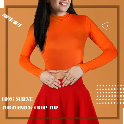 Vista 5 de Halloween Women Costume Set, Orange Turtleneck Mini Stretch Flared Skirt, Turtleneck Crop Top, High Socks, Glasses