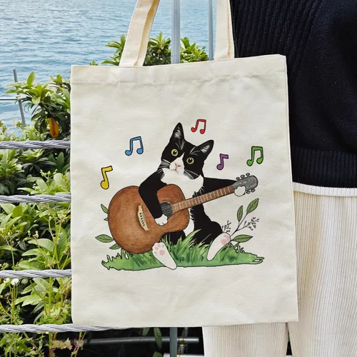 Vista 3 de Dlzdn Bolsa de lona con diseño de gato con música para mujeres, estética, divertida, bonita, esmoquin, gato, jugando a la guitarra, bolsa