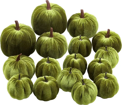 Vista 15 de Woration 16 piezas de terciopelo de tamaño surtido de calabaza artificial decoración de tela envuelta en otoño cosecha calabaza otoño mesa centro