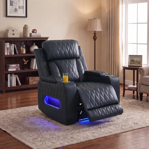 Vista 9 de Sofá reclinable con luces LED, sofá reclinable de cuero con dos asientos reclinables/puerto USB/consola de almacenamiento/soporte para vasos