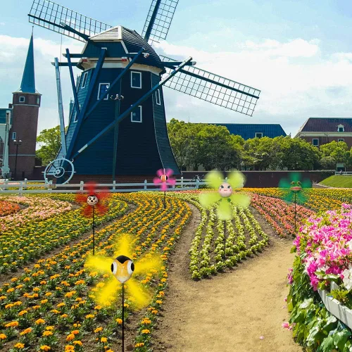 Vista 4 de Paquete de 5 molinillos de viento de insectos 3D para patio y jardín, molinetes coloridos con resorte, abeja, libélula, rana, mariquita Whirligigs