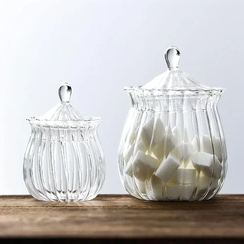 Vista 4 de Tarro de azúcar de vidrio transparente a rayas retro tarro de aperitivos tarro de almacenamiento de alimentos con tapa