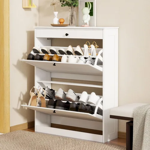 Vista 15 de Entrada de almacenamiento de zapatos con 2 cajones abatibles, armario Grano blanco+madera