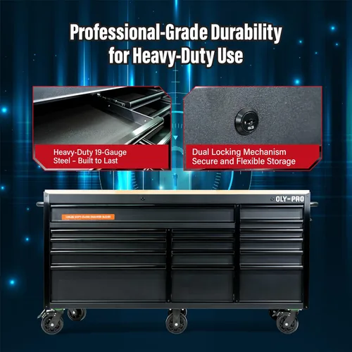 Vista 9 de Olympia Tools Caja de herramientas móvil resistente de 72 pulgadas, con banco de trabajo superior de madera maciza, baúl de herramientas con ruedas