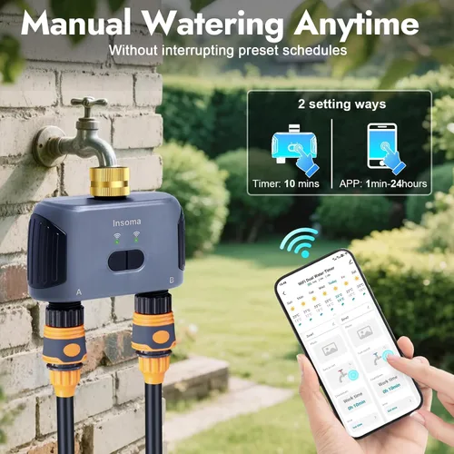 Vista 3 de Temporizador de agua WiFi de 2 zonas, entrada de latón, temporizador de aspersor para manguera de jardín, control remoto por aplicación