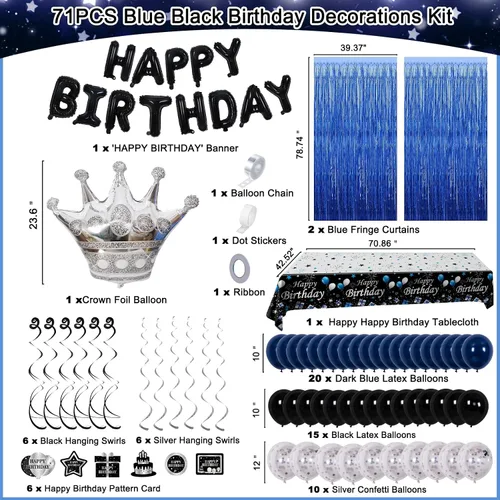 Vista 3 de Decoraciones de cumpleaños para niños, hombres, mujeres y niñas, decoración de fiesta de feliz cumpleaños azul y negro, pancarta de feliz