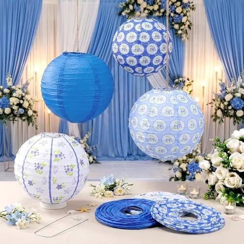 Vista 3 de Rossesay 12 faroles de papel costeros azules de 8 pulgadas, farol colgante de flores azules para interiores y exteriores, decoración náutica
