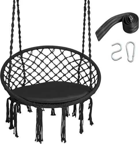 Vista 11 de Happygrill Silla de columpio, hamaca de macramé con cojín de asiento redondo, cuerdas de algodón de poliéster resistentes y anillos de metal Beige