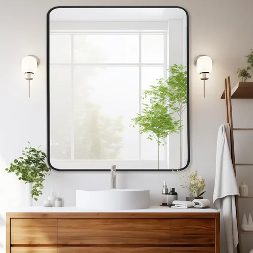 Vista 17 de Espejo rectangular de baño de 30 x 30 pulgadas con marco de metal negro, espejo rectangular de esquina redondeada para pared, moderno y grande