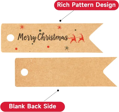 Vista 2 de Anwyll Pequeñas etiquetas de regalo de Navidad – 100 etiquetas de regalo de Navidad con cuerda, ciervos, etiqueta de envoltura de regalo de Feliz