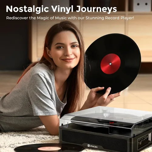 Vista 8 de VANGOA Tocadiscos de vinilo, tocadiscos de 3 velocidades con receptor Bluetooth, altavoces estéreo integrados, color negro