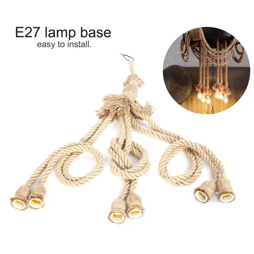 Vista 7 de Cuerda de cáñamo colgante de 6 cabezas, E27 3.3 ft de luz colgante, cuerda de cáñamo vintage con 6 soportes, base de lámpara E27, cable eléctrico
