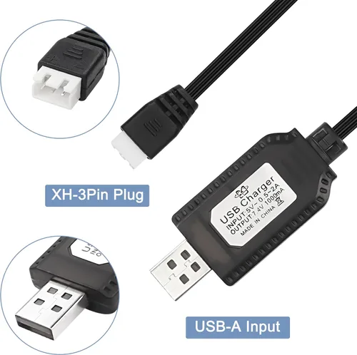 Vista 2 de MEIRIYFA Cable cargador USB de batería Lipo de 7.4V 1A, cable XH-3P 2S, conector de cable de carga USB, enchufe y luz indicadora LED para RC Car