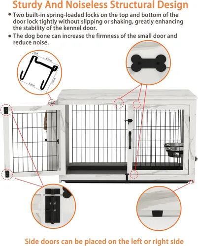 Vista 5 de Piskyet Mueble de Jaula para Perros de Madera con Cuencos para Perros Giratorios Extraíbles de 360°, Mesa Auxiliar de Jaula para Perros con Bandeja