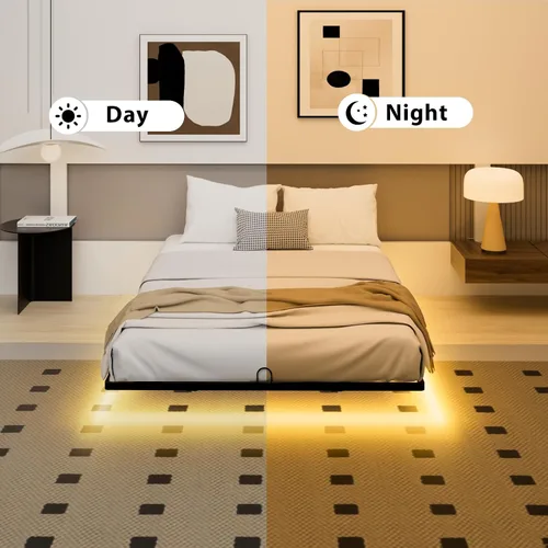 Vista 9 de Base de cama flotante tamaño individual, marco de cama individual con luces LED inteligentes, cama de plataforma de metal moderna y resistente