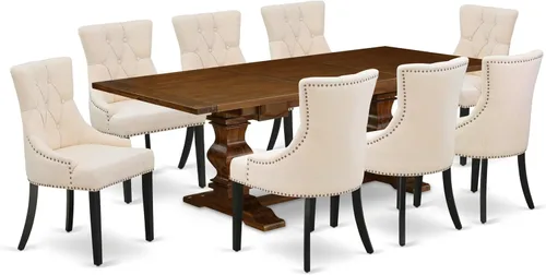 Vista 21 de East West Furniture ALAFR7-81-02 Juego de mesa de comedor moderno de 7 piezas consta de una mesa rectangular de madera con hojas extraíbles y 6