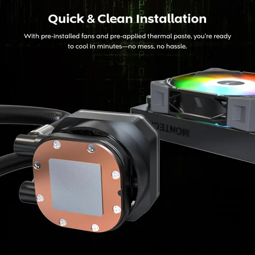 Vista 7 de MONTECH HyperFlow Digital 240 - Enfriador líquido de CPU, AIO de 9.449 in con bomba de 3100 RPM, 2 ventiladores E28 ARGB de 4.724 in, pantalla