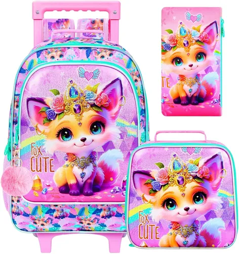 Vista 9 de Mochila con ruedas para niñas, Fox Kids School Mochilas con ruedas, mochila enrollable con lonchera para preescolar primaria (blanco)