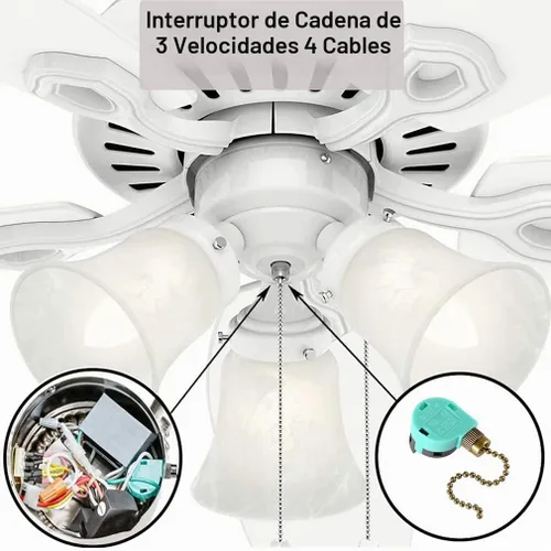 Vista 3 de Interruptor de ventilador de techo Zing Ear ZE-268S6 Interruptor de cadena de tracción de 3 velocidades 4 alambres Interruptor de cadena de tracción