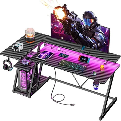 Vista 15 de Korfile Escritorio para juegos de 40 pulgadas con toma de corriente y luces LED, mesa de juegos para computadora en forma de L con estantes