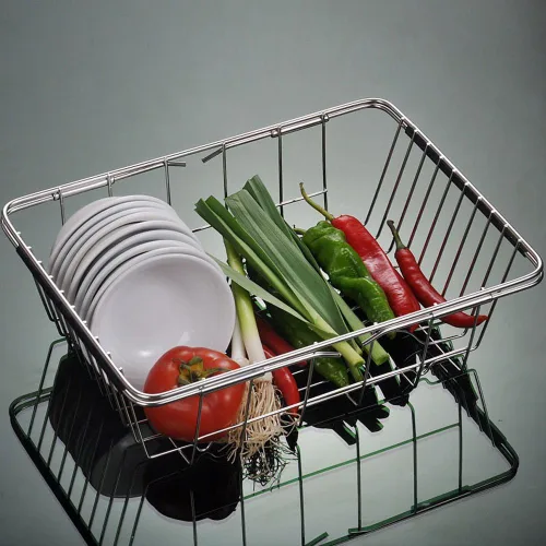 Vista 4 de Escurridor de platos ajustable sobre el fregadero, escurridor de platos de acero inoxidable, en la encimera o en el fregadero, profundo y grande
