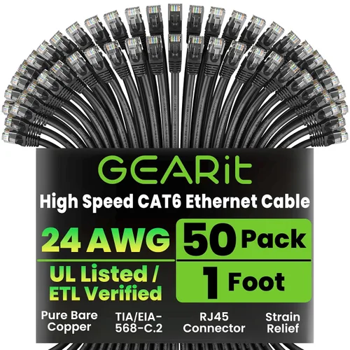 Vista 21 de GEARit Paquete de 50 cables Ethernet Cat6 de 0.5 pies Cable de conexión de red RJ45, conectores chapados en oro sin enganches de 10 Gbps, cable