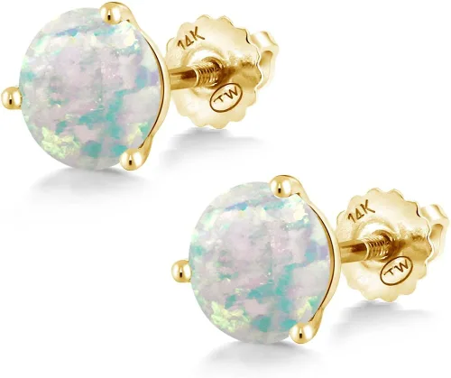 Vista 3 de Gem Stone King Aretes de tuerca con rosca de Martini de 3 puntas oro amarillo de 14 quilates color blanco ópalo simulado para mujer 150