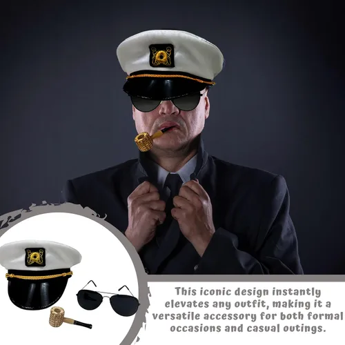 Vista 6 de 4E's Novelty Juego de 3 accesorios de disfraz de sombrero de capitán de yate, sombrero de capitán ajustable, gafas de sol de aviador y pipa