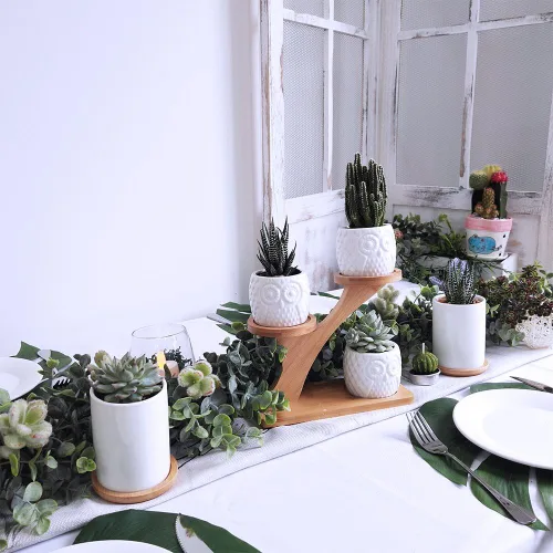 Vista 5 de 3 piezas Macetas para Suculentas de Búho con Soporte de Platillos de Bambú de 3 Niveles - Maceta Decorativa Moderna de Cerámica Blanca con Drenaje
