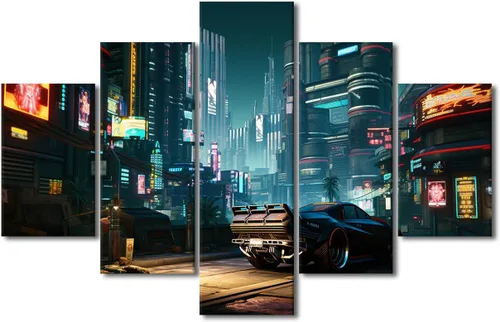 Vista 83 de Póster de 5 paneles en lienzo para decoración de pared, diseño de centro urbano Cyberpunk, impresión moderna, decoración de pared para el hogar