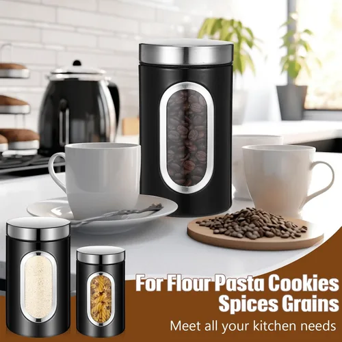 Vista 6 de Maxdot Juego de 6 recipientes negros para encimera de cocina, té, café, azúcar, con ventana transparente, tarro de café, contenedor de azúcar
