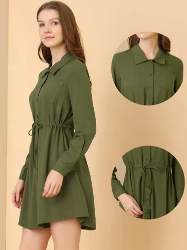 Vista 2 de Allegra K Vestido tipo camisa para mujer, vestido de manga larga con botones, M