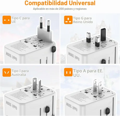 Vista 4 de VYLEE PD100W GaN Adaptador de Viaje Universal, Adaptador de Corriente Internacional Todo en Uno, 3 USB C y 1 USB A y Salida de CA, Adaptador