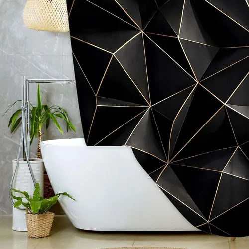 Vista 4 de JAWO Cortina de ducha geométrica negra y dorada, moderna cortina de baño de textura poligonal abstracta, cortina de baño de tela impermeable, 6