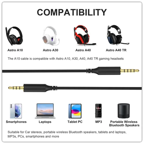 Vista 2 de Cable de auriculares A40 compatible con auriculares Astro A40, A40 TR, A30, A10, cable de audio estéreo de 0.138 in para Xbox One, PS4, PS3