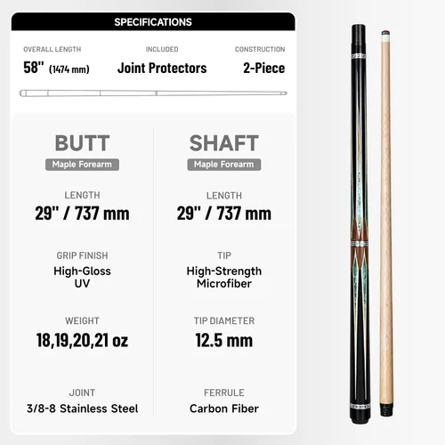 Vista 7 de Inlay Split Maple Pool Cue, Professional 9-Ball Billiard Cue Stick for Training & Competition(Green，19oz)